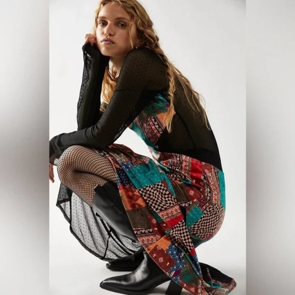NEW FREE PEOPLE PARKER PATCHWORK VELVET MESH MAXI DRESS XS S M 💚🧡💙 - Picture 7 of 9